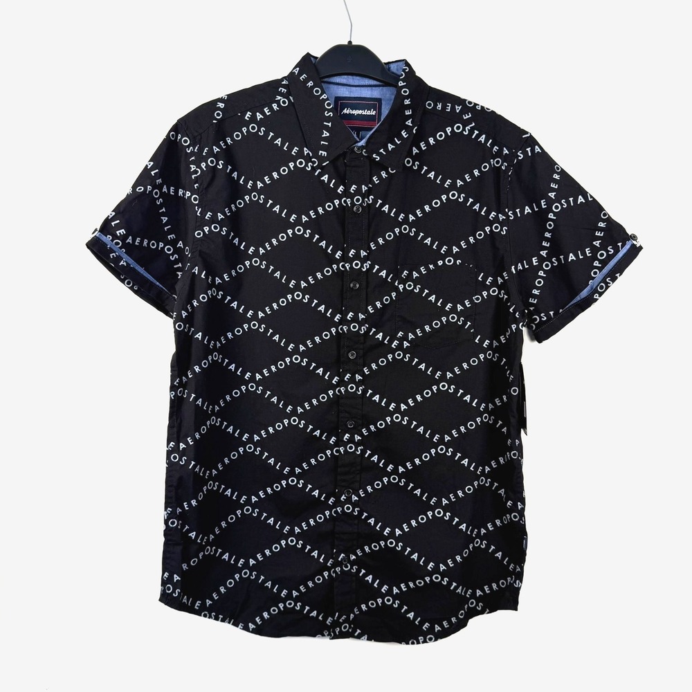 NWT Aeropostale All Over Logo‎ Print Button Up Shirt Men’s Size L Black Cotton